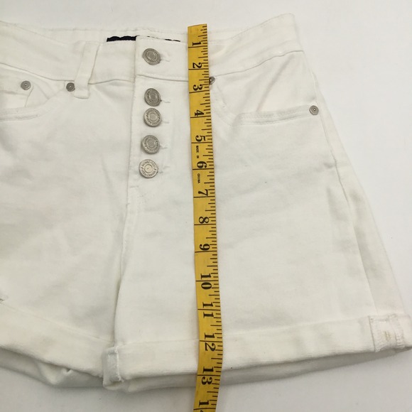 Indigo ReinWhite High Waisted Button Fly Distressed Denim Shorts Size 3 Waist 25 - Picture 7 of 7
